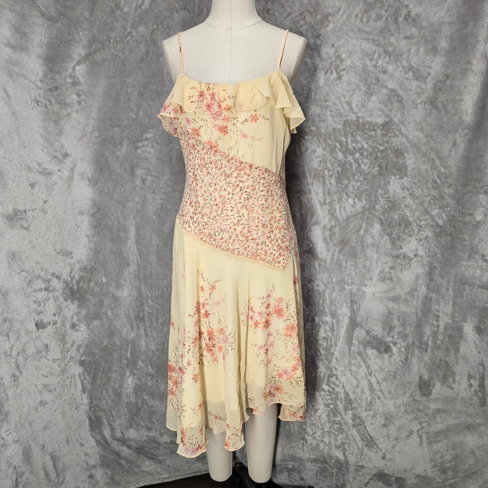 LaBelle Dress Women 9 Yellow Floral Ruffle Asymmetric Midi Y2K Fairycore Dainty
